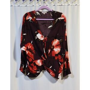 Remixmess Semi-Sheer 3/4 Sleeve Blouse Size L Red and Maroon Floral Print